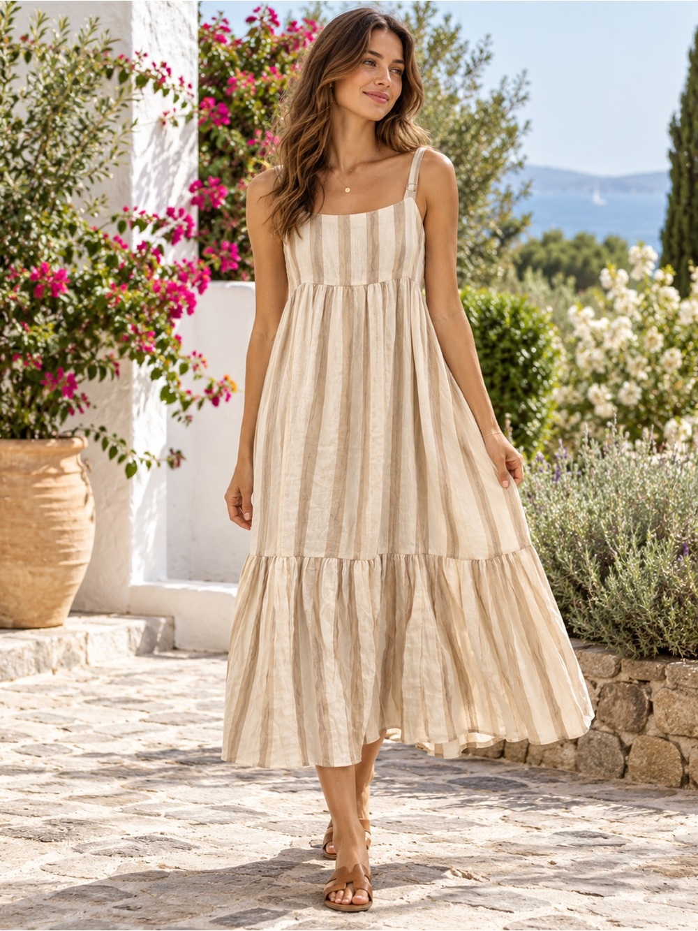 A62.Impressions Natural  Stripe Linen-Blend Sundress - Sleeveless Maxi Dress